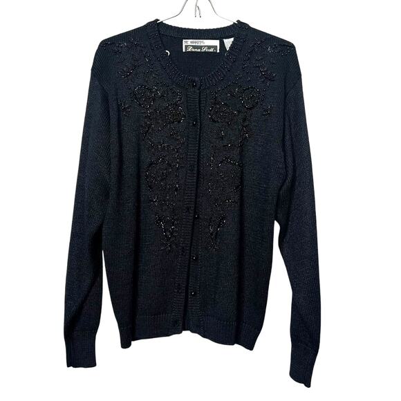 Vintage Sweaters - Vintage 80s Beaded Cardigan Sweater Size Medium Black Retro Style Rockabilly